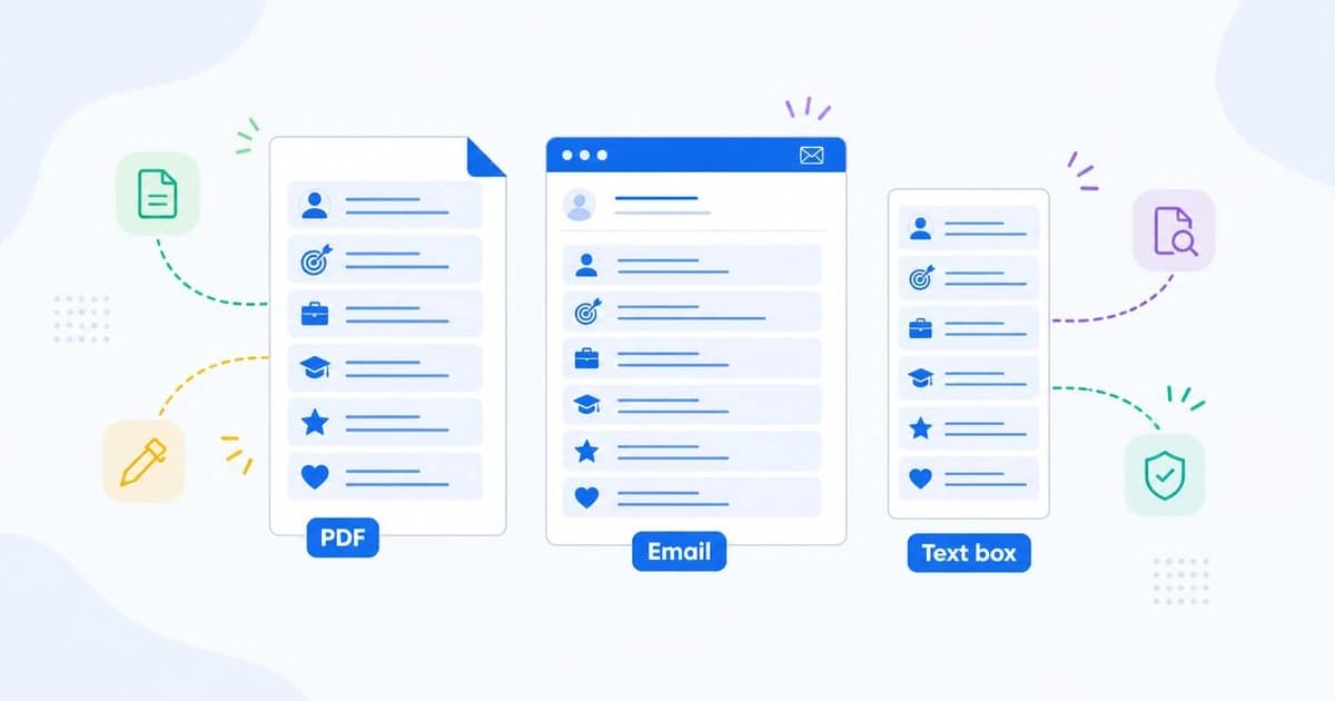 The same cover letter shown three ways: as a PDF page, as an email body, and pasted into an application form field