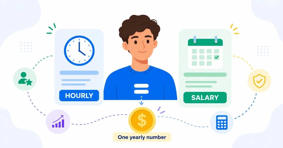 Two job offers side by side, one hourly and one salaried, compared on a single annual figure