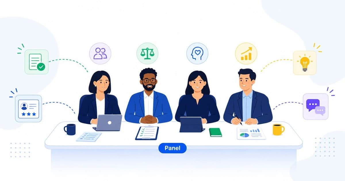 Job candidate answering a question across the table from a four-person interview panel in a meeting room